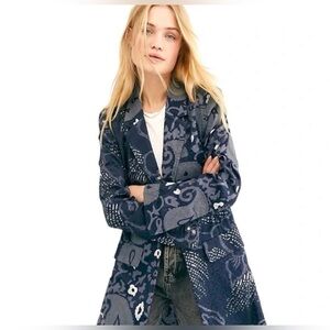 Free People Eye of the Wild Duster Jacket Floral Boho Trench Coat Silver Blue XS